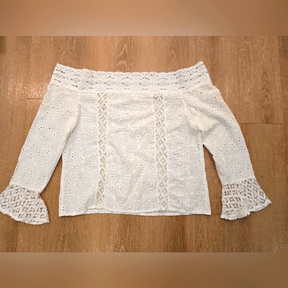 Boho Off The Shoulder White Blouse XL Eyelet And Lace Summer Top
